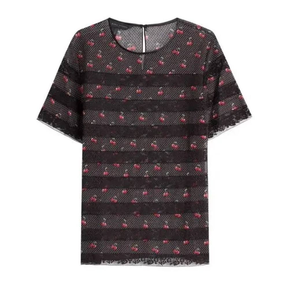 Marc Jacobs Womens Polka Dot Cherry Print Lace Blouse - Victorian Top Black